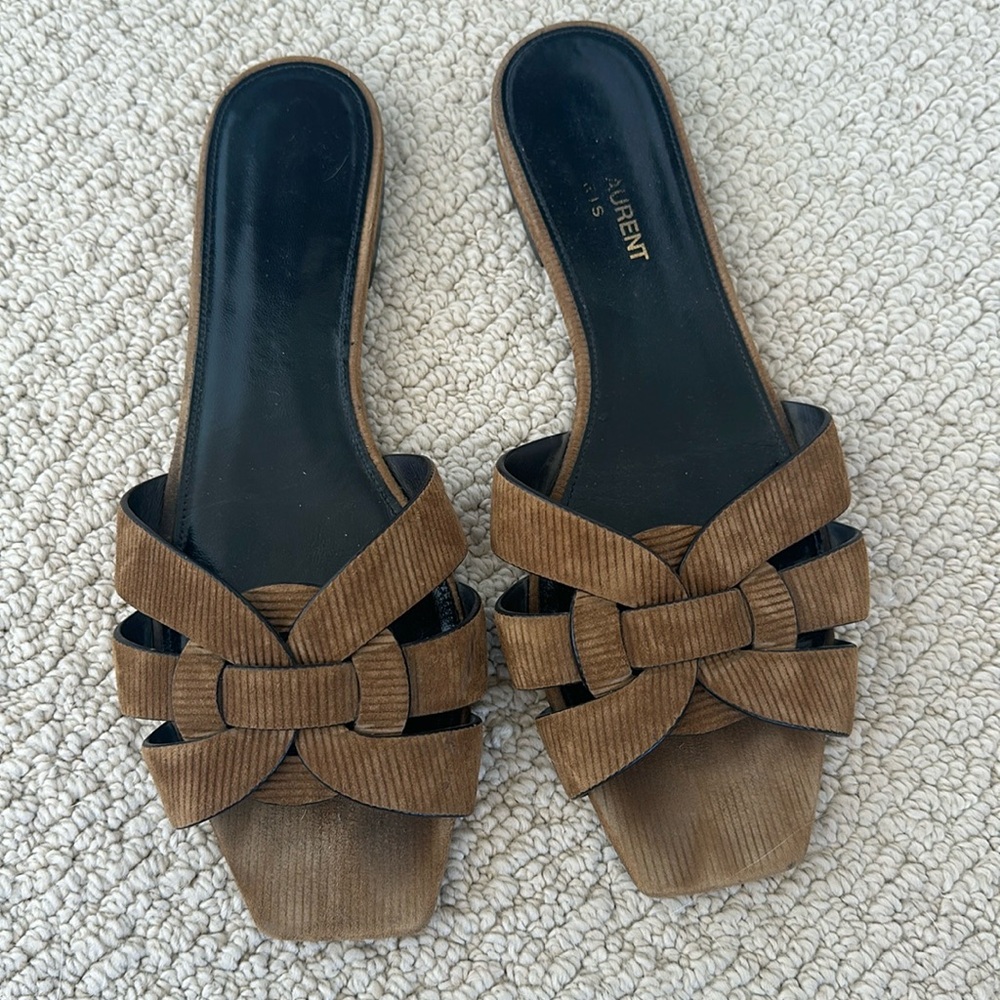 Saint Laurent Tribute Slides Brown Corduroy Suede